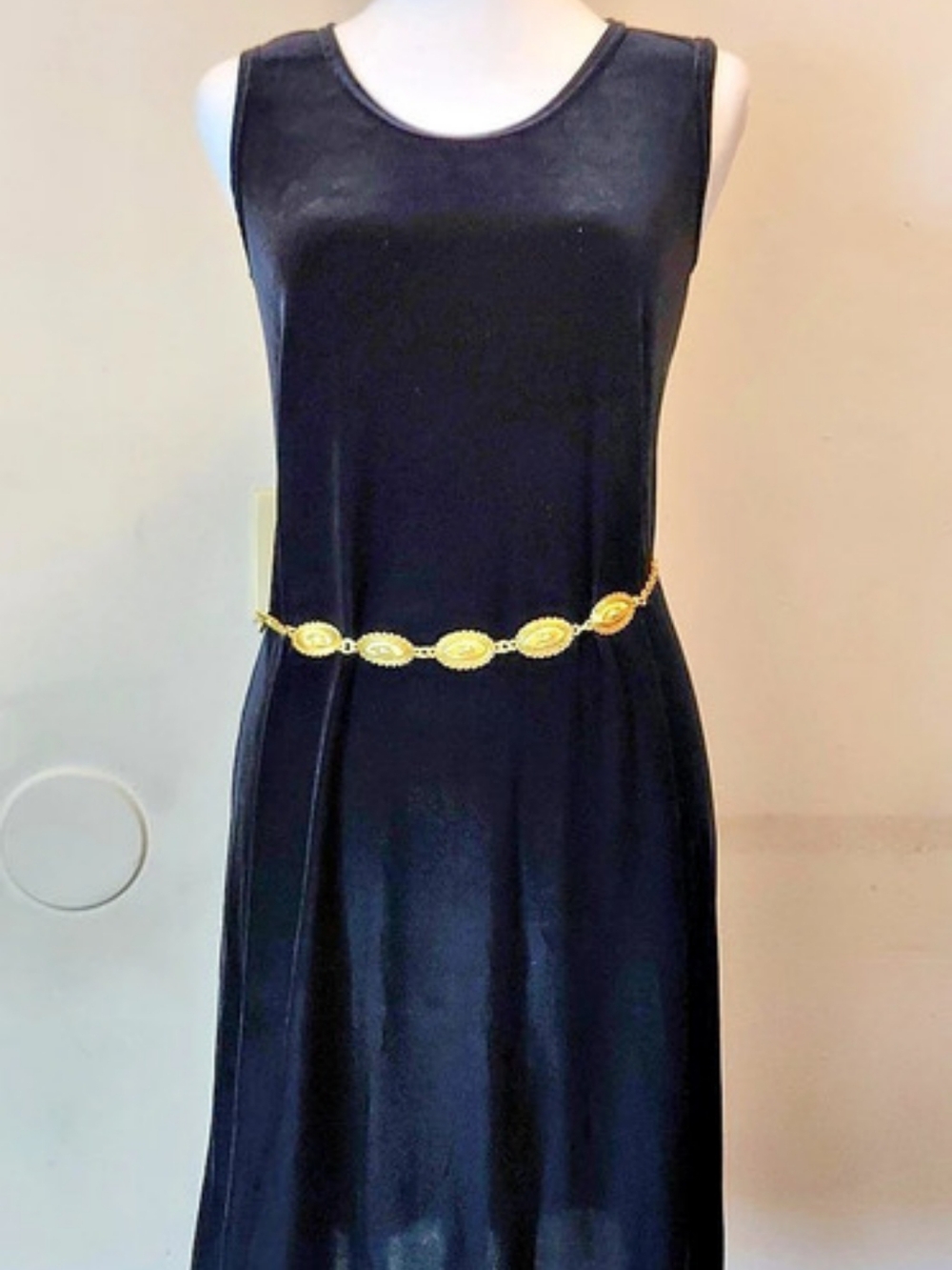 Black Midi Dress with Gold-Tone Chain Belt